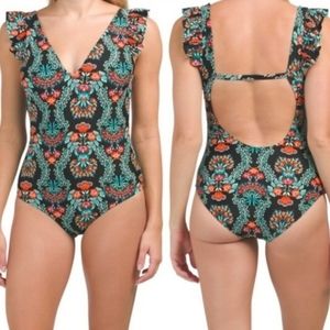 Jessica‎ Simpson Estilo Floral Ruffle Strap One-Piece Swimsuit Black S